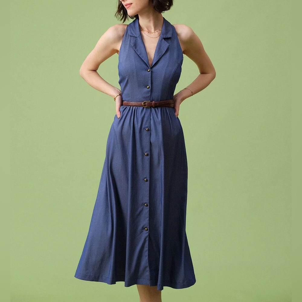 Rihoas Blue Lapel Tunic Sleeveless Midi Dress - Picture 5 of 10
